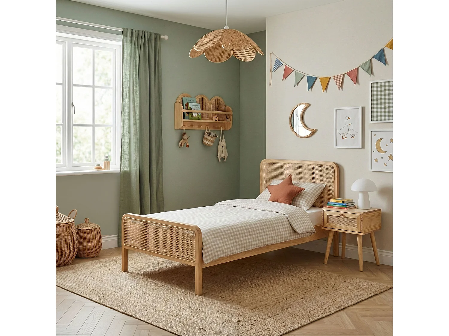 Chambre lit cannage enfant et chevet bois naturel ANNA 90x200 - ANNA