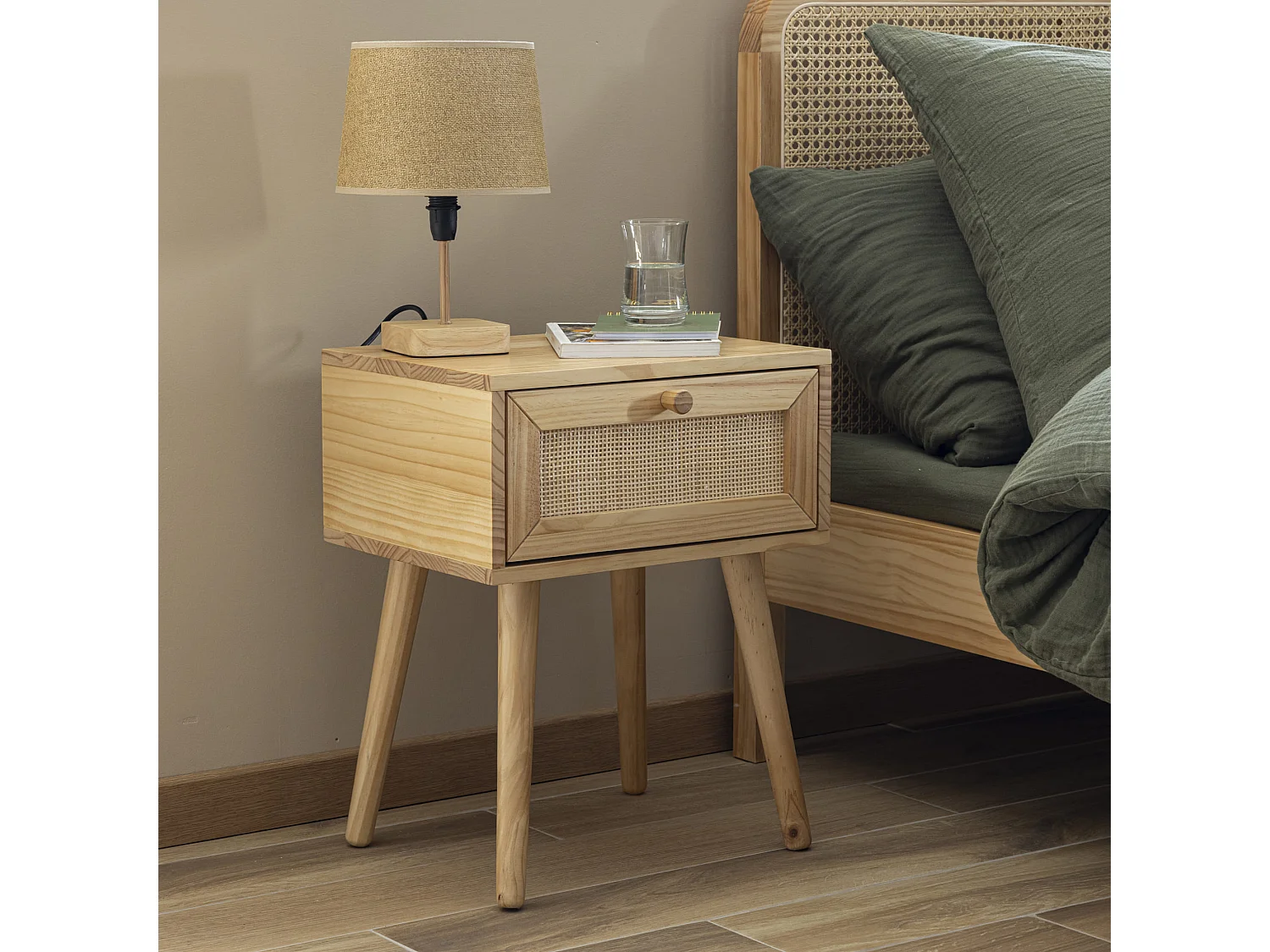 Chambre lit cannage enfant et chevet bois naturel ANNA 90x200 - ANNA