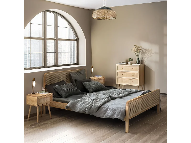 Chambre complète lit cannage avec commode et 2 chevets bois naturel 160x200 ANNA - ANNA