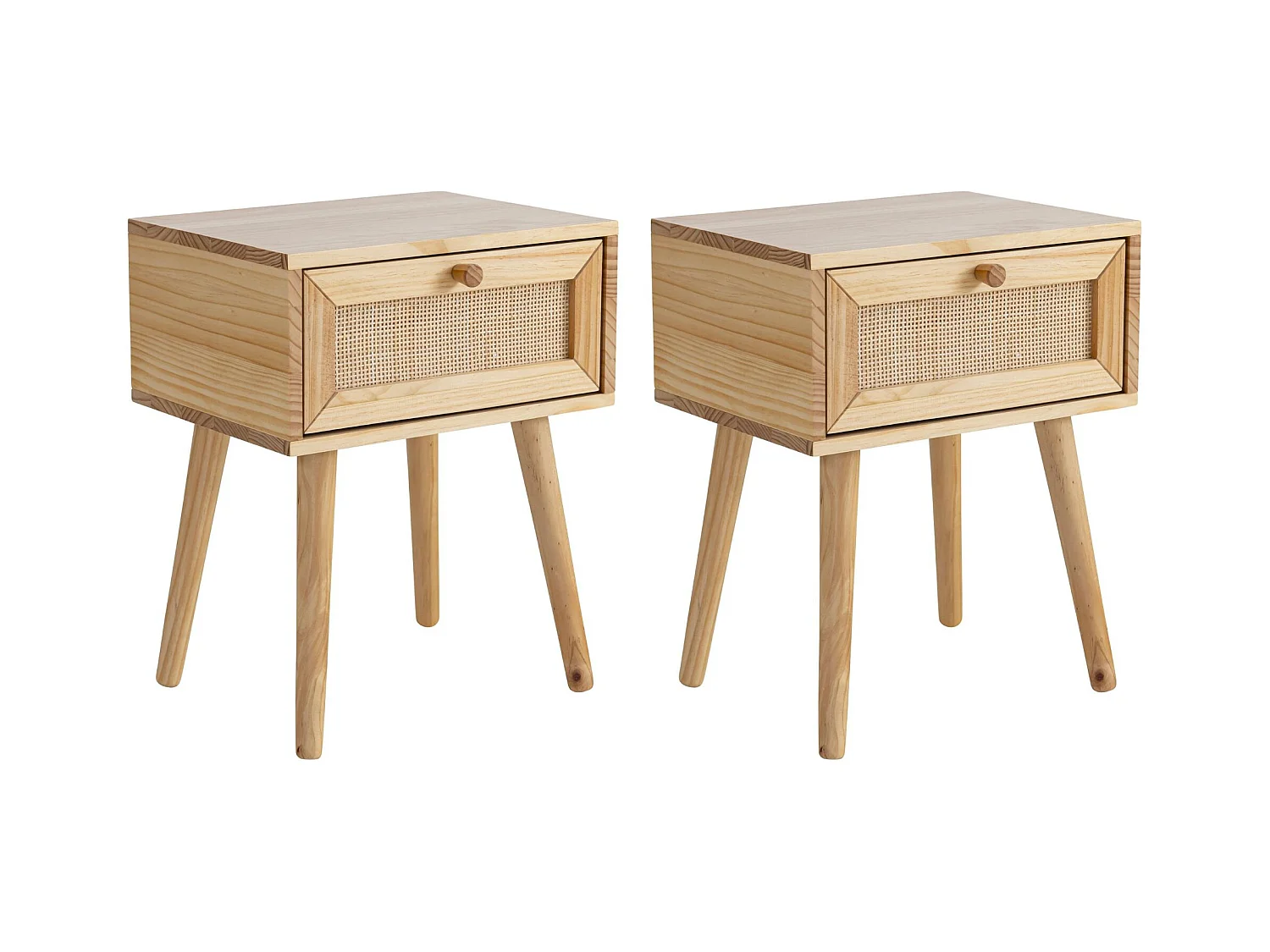 Chambre complète lit cannage avec commode et 2 chevets bois naturel 160x200 ANNA - ANNA