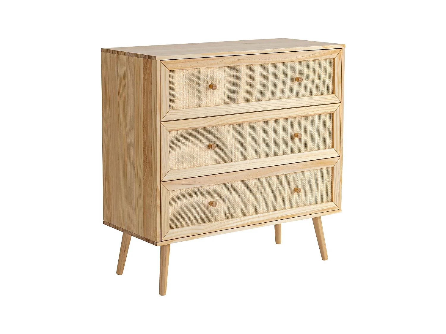 Chambre complète lit cannage avec commode et 2 chevets bois naturel 160x200 ANNA - ANNA