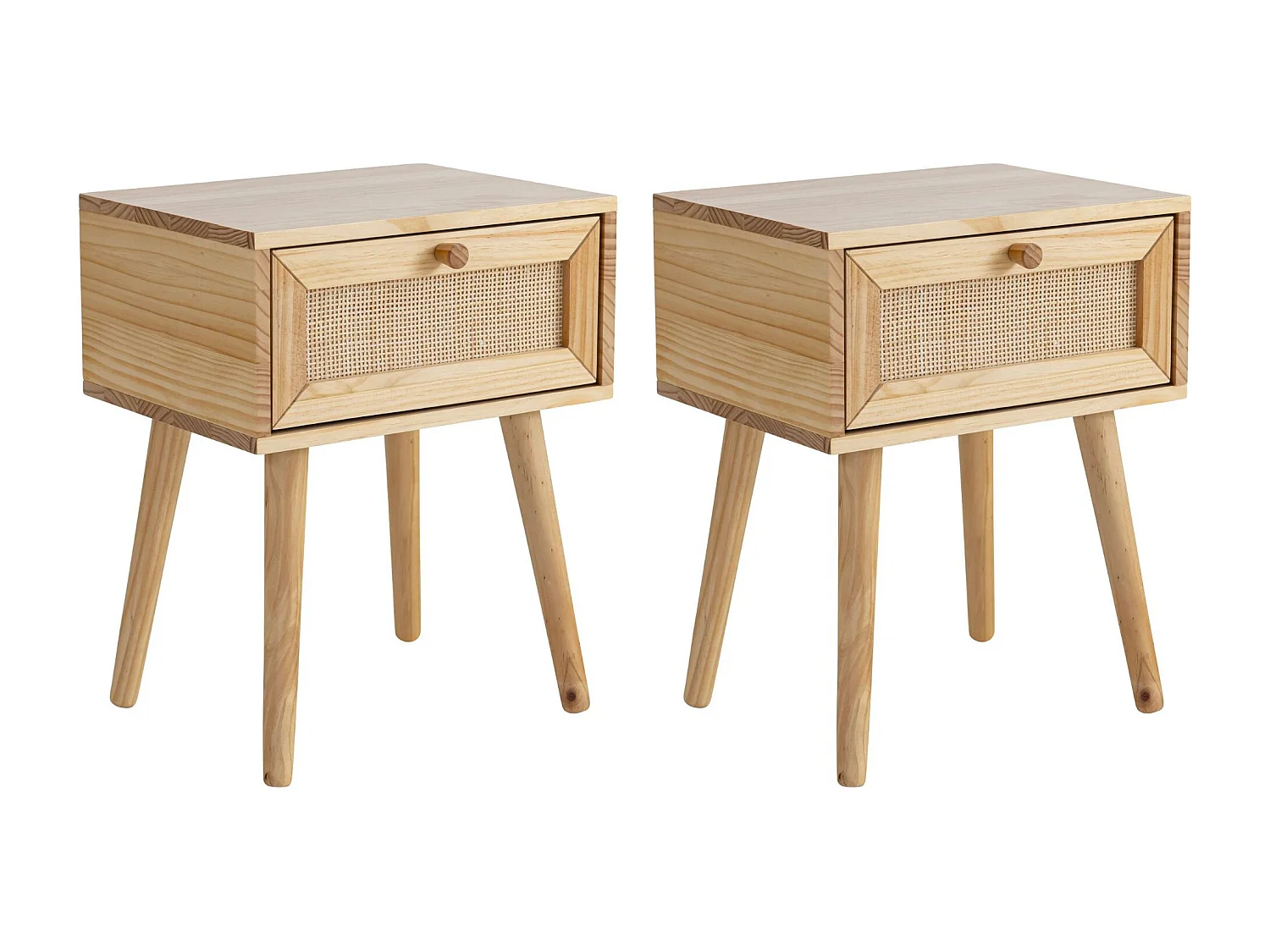 Chambre complète lit cannage avec commode et 2 chevets bois naturel 160x200 ANNA - ANNA