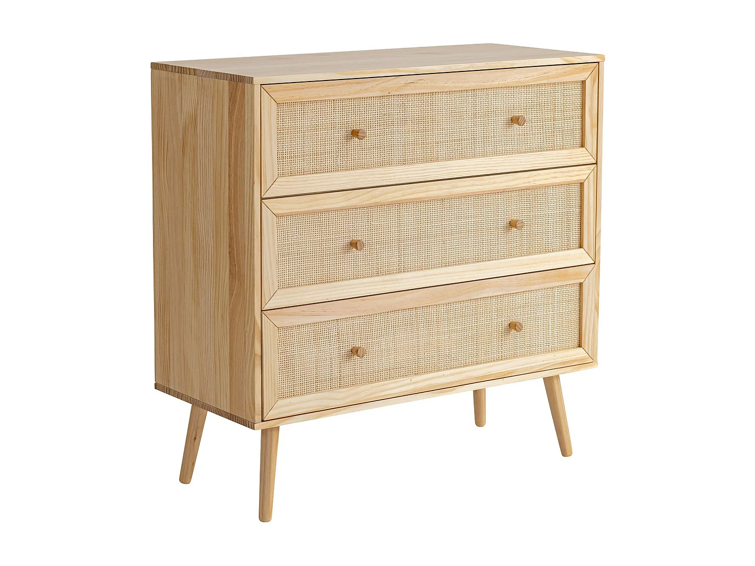 Chambre complète lit cannage avec commode et 2 chevets bois naturel 160x200 ANNA - ANNA