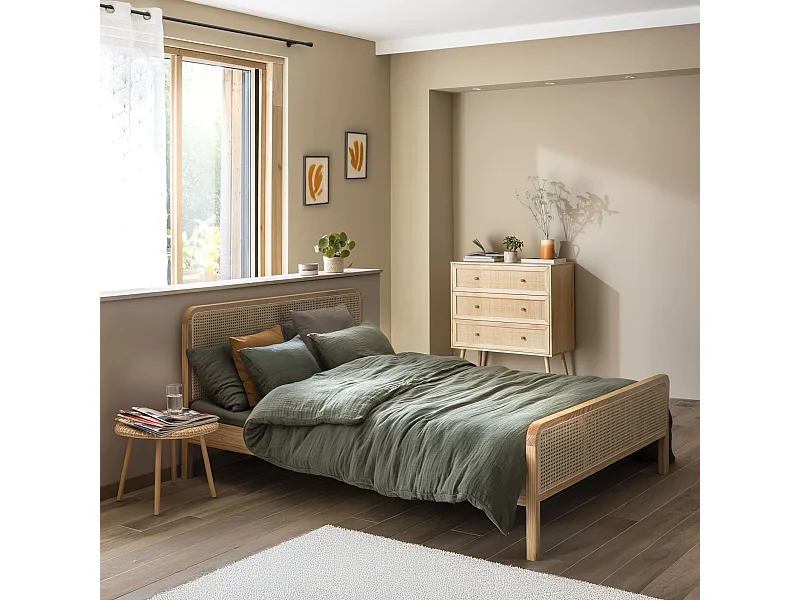 Chambre lit cannage avec commode bois naturel ANNA 140x190 - ANNA