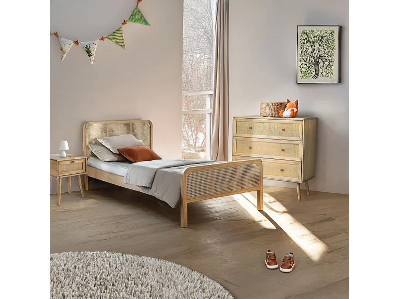 Chambre complète lit cannage enfant avec commode et chevet bois naturel ANNA 90x200 - ANNA