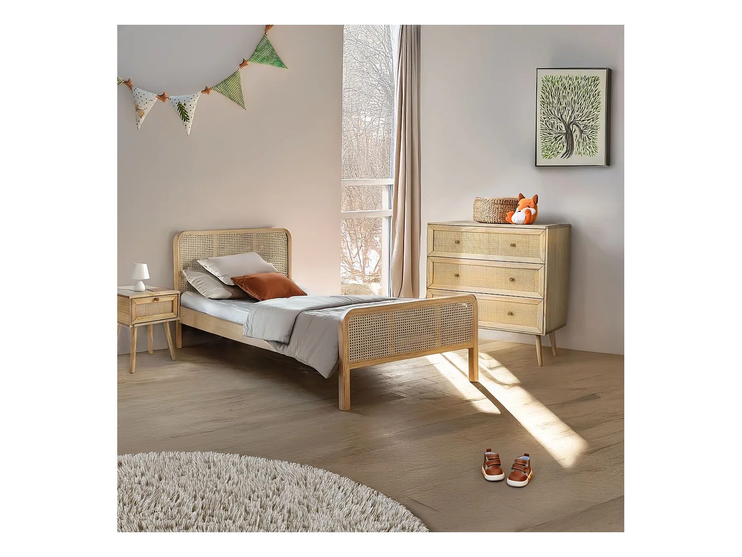 Chambre complète lit cannage enfant avec commode et chevet bois naturel ANNA 90x200 - ANNA