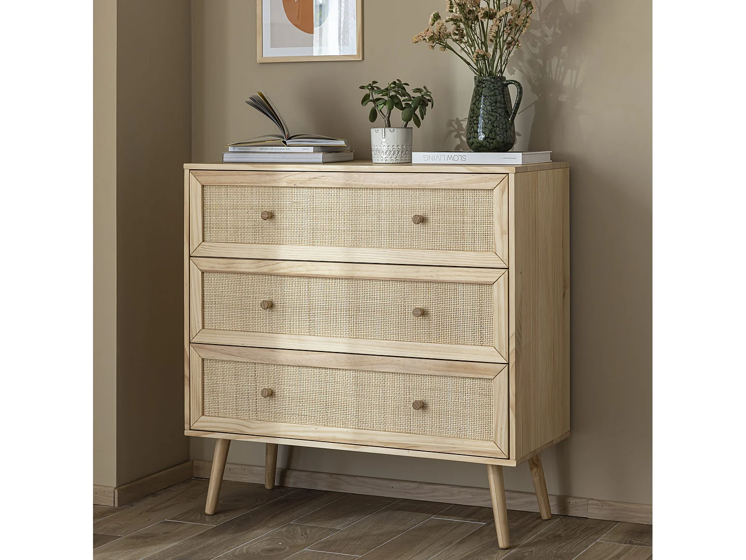 Chambre complète lit cannage enfant avec commode et chevet bois naturel ANNA 90x200 - ANNA