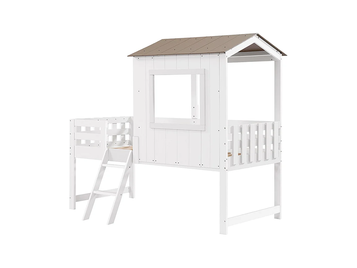 Halfhoog kinderbed 90 x 200 cm, met dak en raam, vier zijden met gaas, grenen + MDF + multiplex, wit + natuurlijke kleur