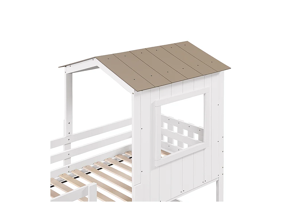 Halfhoog kinderbed 90 x 200 cm, met dak en raam, vier zijden met gaas, grenen + MDF + multiplex, wit + natuurlijke kleur