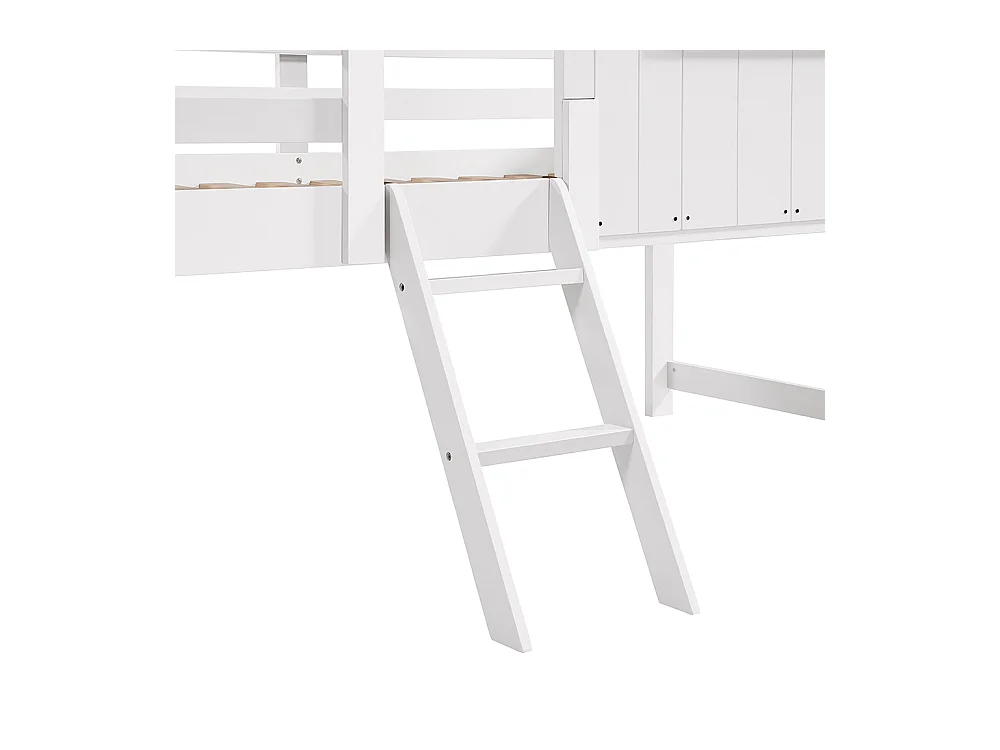 Halfhoog kinderbed 90 x 200 cm, met dak en raam, vier zijden met gaas, grenen + MDF + multiplex, wit + natuurlijke kleur