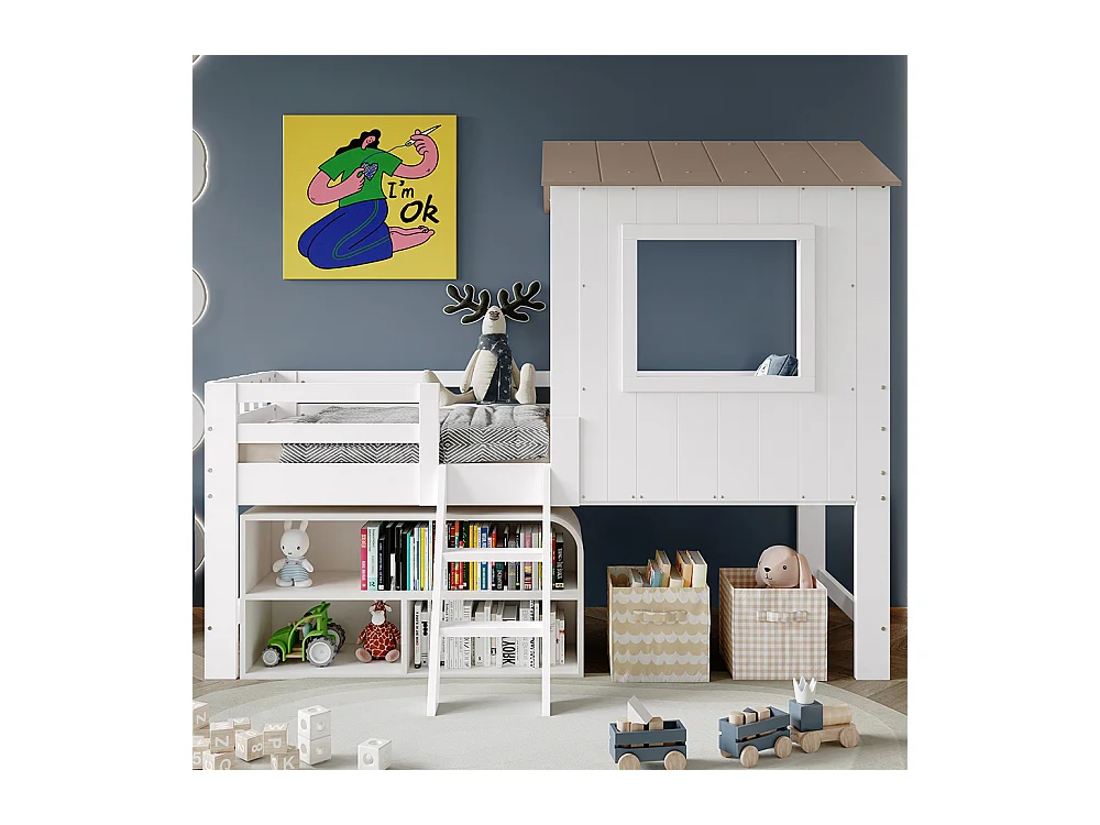 Lit mi-hauteur pour enfant 90 x 200 cm, avec toit et fenêtre, quatre côtés grillagés, pin + MDF + contreplaqué, blanc + couleur naturelle