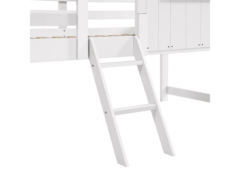 Halfhoog kinderbed 90 x 200 cm, met dak en raam, vier zijden met gaas, grenen + MDF + multiplex, wit + natuurlijke kleur