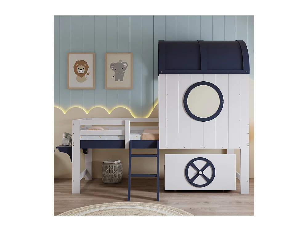 Lit mi-hauteur pour enfant 90 x 200 cm, avec baldaquin et fenêtre, tiroirs, échelle inclinée, blanc + bleu foncé