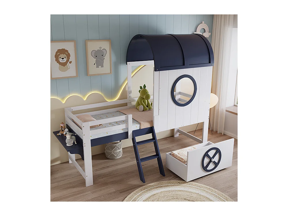 Lit mi-hauteur pour enfant 90 x 200 cm, avec baldaquin et fenêtre, tiroirs, échelle inclinée, blanc + bleu foncé