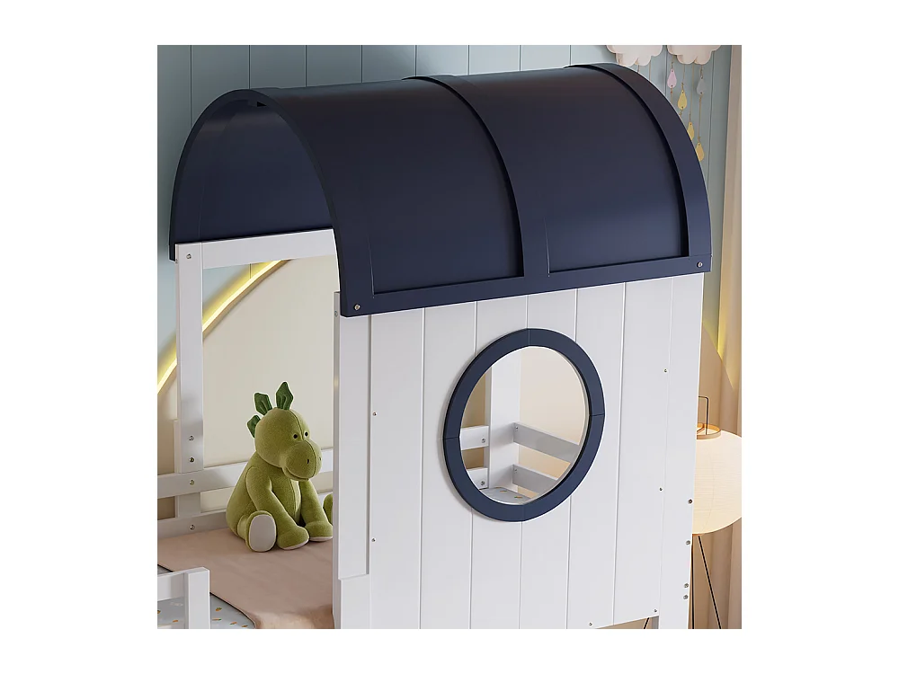 Lit mi-hauteur pour enfant 90 x 200 cm, avec baldaquin et fenêtre, tiroirs, échelle inclinée, blanc + bleu foncé
