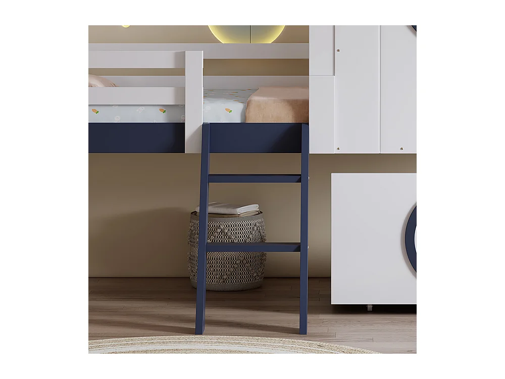 Lit mi-hauteur pour enfant 90 x 200 cm, avec baldaquin et fenêtre, tiroirs, échelle inclinée, blanc + bleu foncé