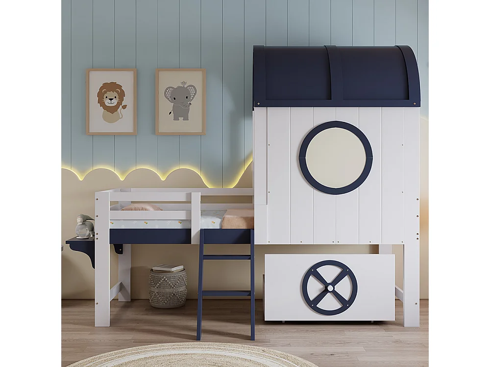 Halfhoog bed voor kinderen 90 x 200 cm, met baldakijn en raam, lades, schuine ladder, wit + donkerblauw