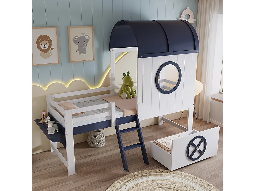 Halfhoog bed voor kinderen 90 x 200 cm, met baldakijn en raam, lades, schuine ladder, wit + donkerblauw