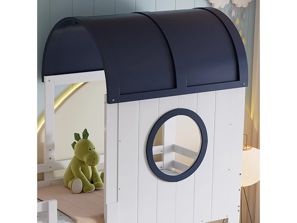 Halfhoog bed voor kinderen 90 x 200 cm, met baldakijn en raam, lades, schuine ladder, wit + donkerblauw