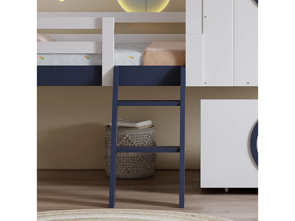 Halfhoog bed voor kinderen 90 x 200 cm, met baldakijn en raam, lades, schuine ladder, wit + donkerblauw