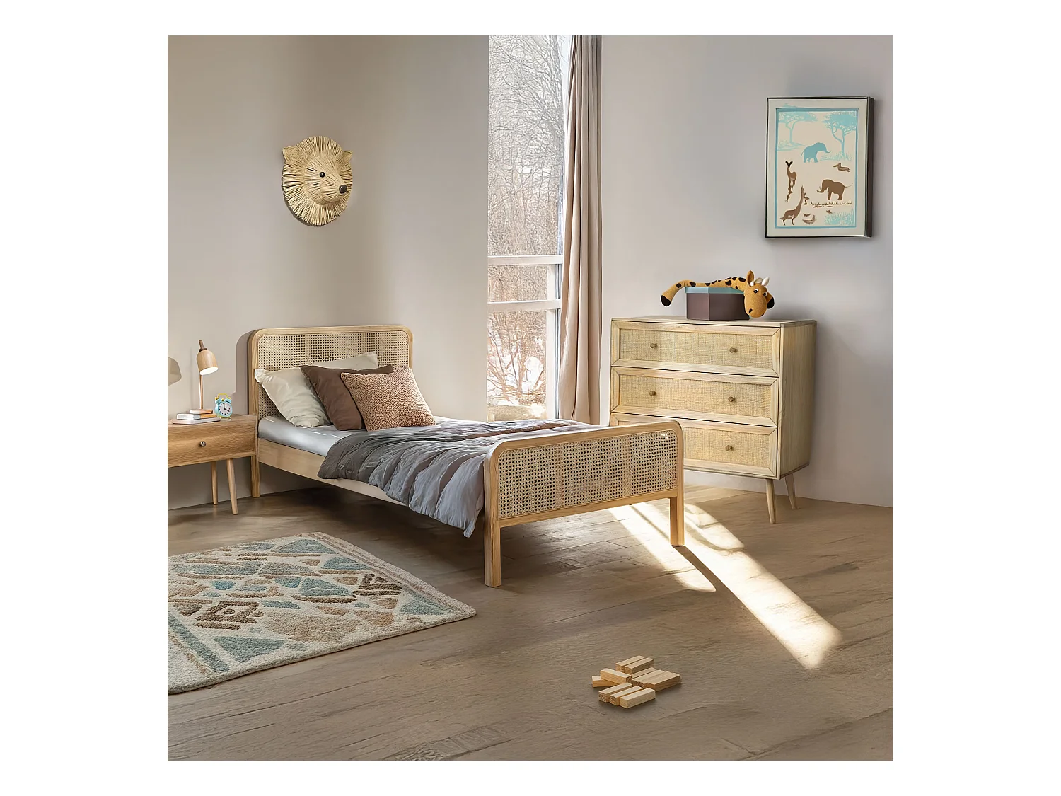 Chambre lit cannage enfant avec commode bois naturel ANNA 90x200 - ANNA