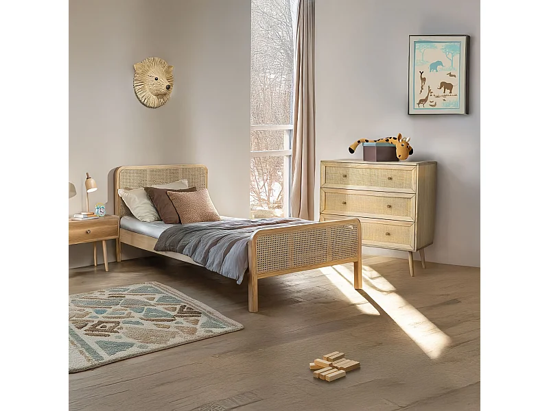 Chambre lit cannage enfant avec commode bois naturel ANNA 90x200 - ANNA