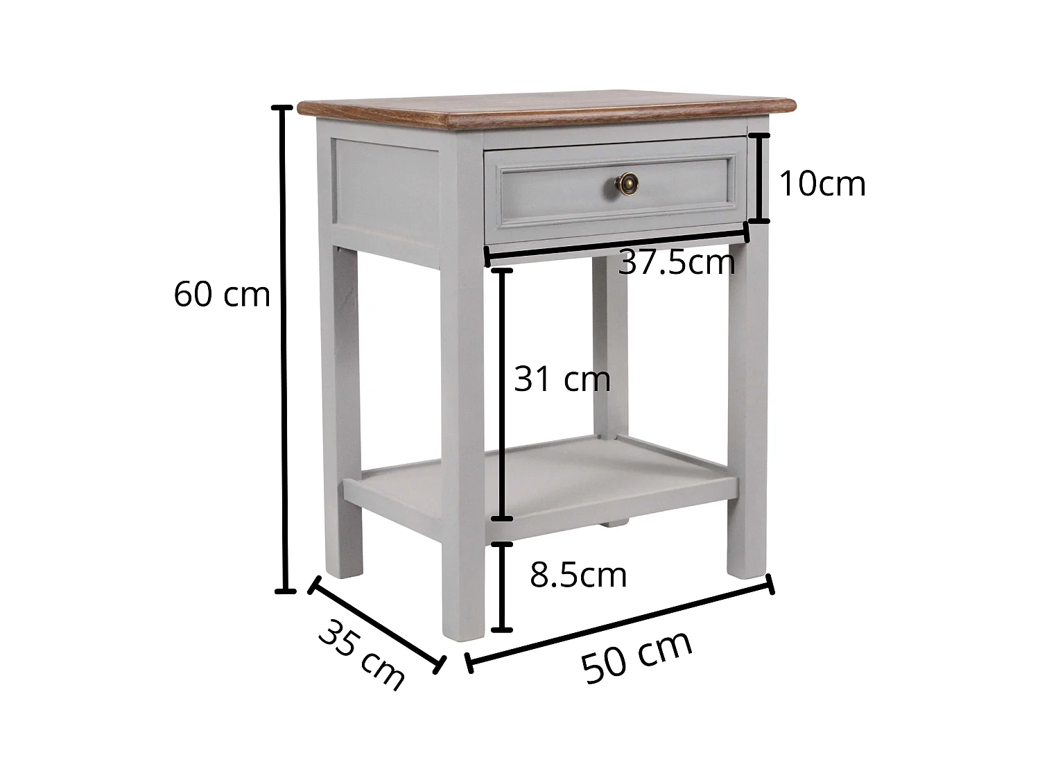 Comodino in legno di pino ed MDF “Vicenzo” con cassetto e ripiano
