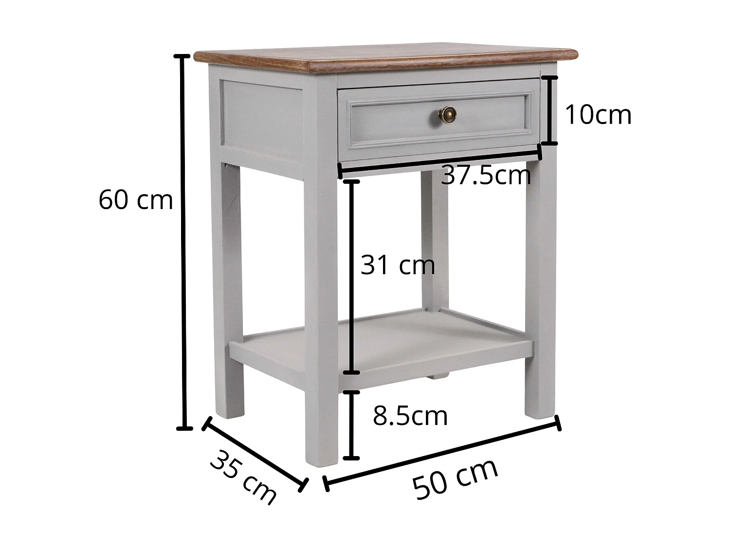 Comodino in legno di pino ed MDF “Vicenzo” con cassetto e ripiano