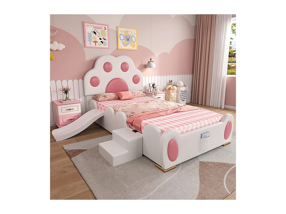 Lit simple pour enfant 90 x 200 cm, tête de lit en forme de patte de chat cartoon, équipé d'un toboggan et d'une échelle, blanc + rose.