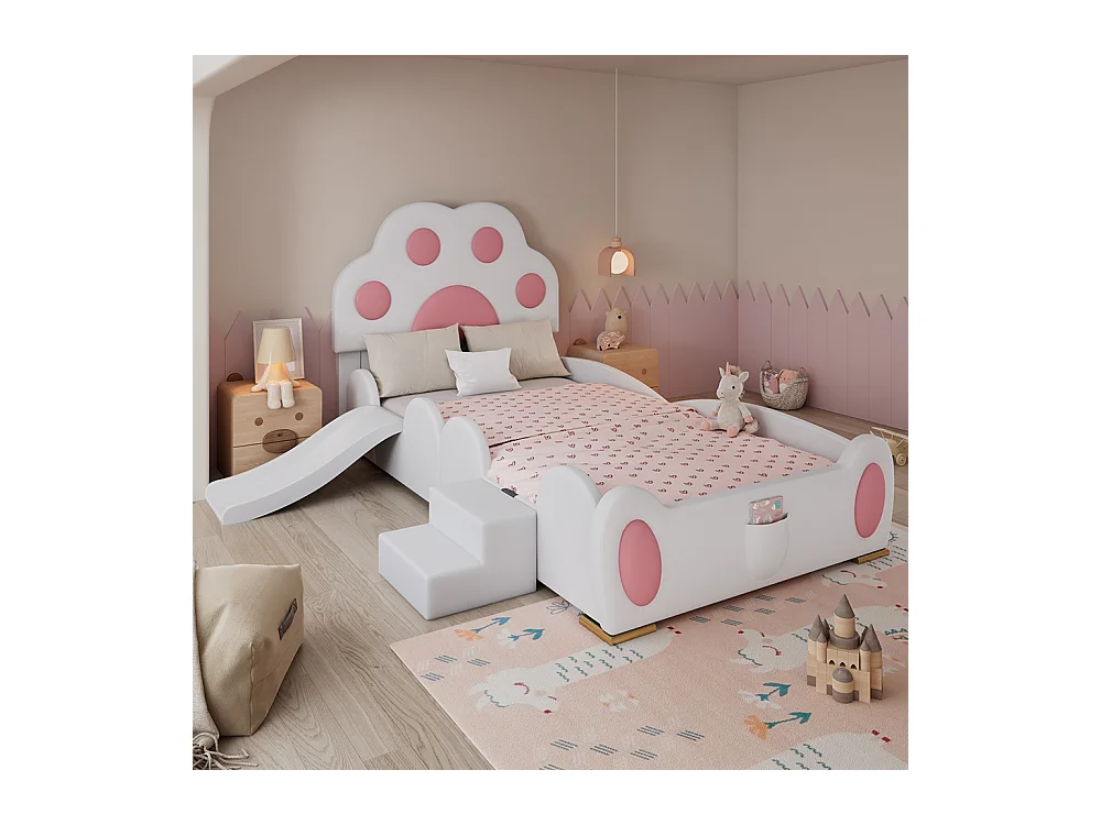 Lit simple pour enfant 90 x 200 cm, tête de lit en forme de patte de chat cartoon, équipé d'un toboggan et d'une échelle, blanc + rose.