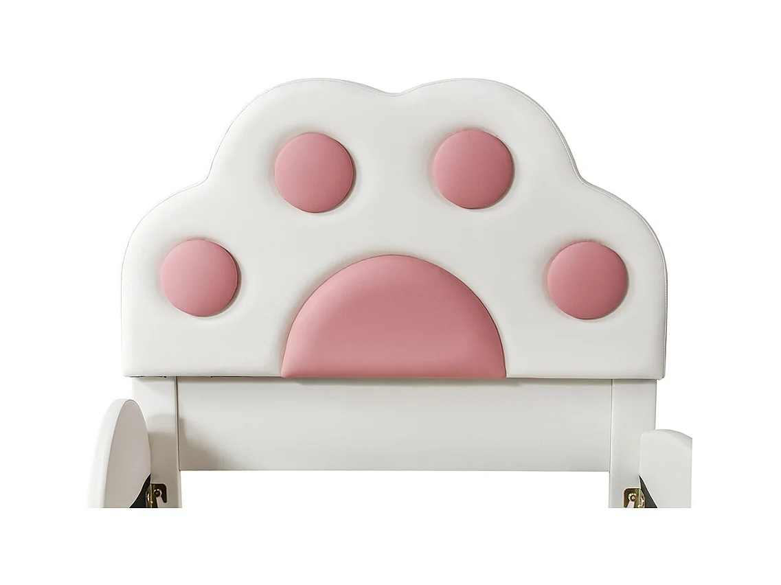 Lit simple pour enfant 90 x 200 cm, tête de lit en forme de patte de chat cartoon, équipé d'un toboggan et d'une échelle, blanc + rose.