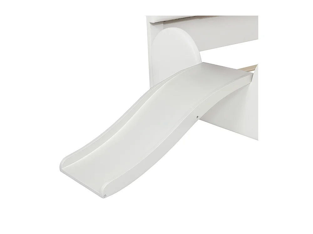 Lit simple pour enfant 90 x 200 cm, tête de lit en forme de patte de chat cartoon, équipé d'un toboggan et d'une échelle, blanc + rose.