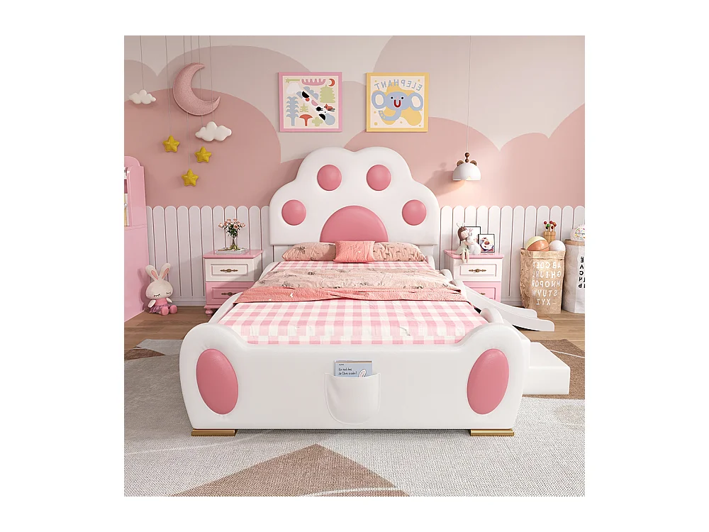 Eenpersoonsbed voor kinderen 90 x 200 cm, hoofdeinde in de vorm van een cartoonkattenpoot, uitgerust met een glijbaan en een ladder, wit + roze.
