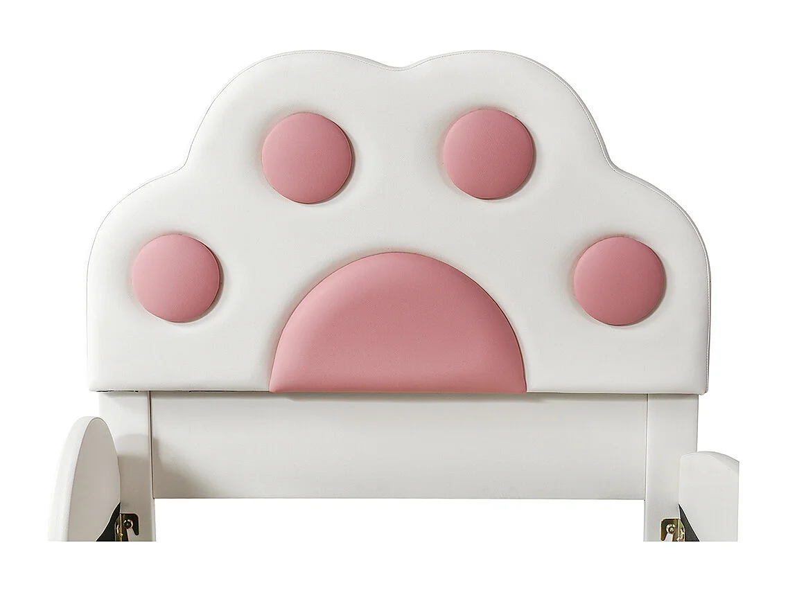 Einzelbett für Kinder 90 x 200 cm, Kopfteil in Form einer Cartoon-Katzenpfote, ausgestattet mit einer Rutsche und einer Leiter, weiß + rosa.