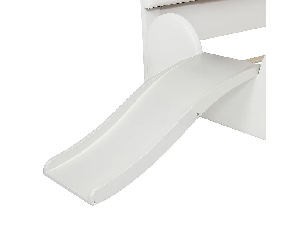 Einzelbett für Kinder 90 x 200 cm, Kopfteil in Form einer Cartoon-Katzenpfote, ausgestattet mit einer Rutsche und einer Leiter, weiß + rosa.