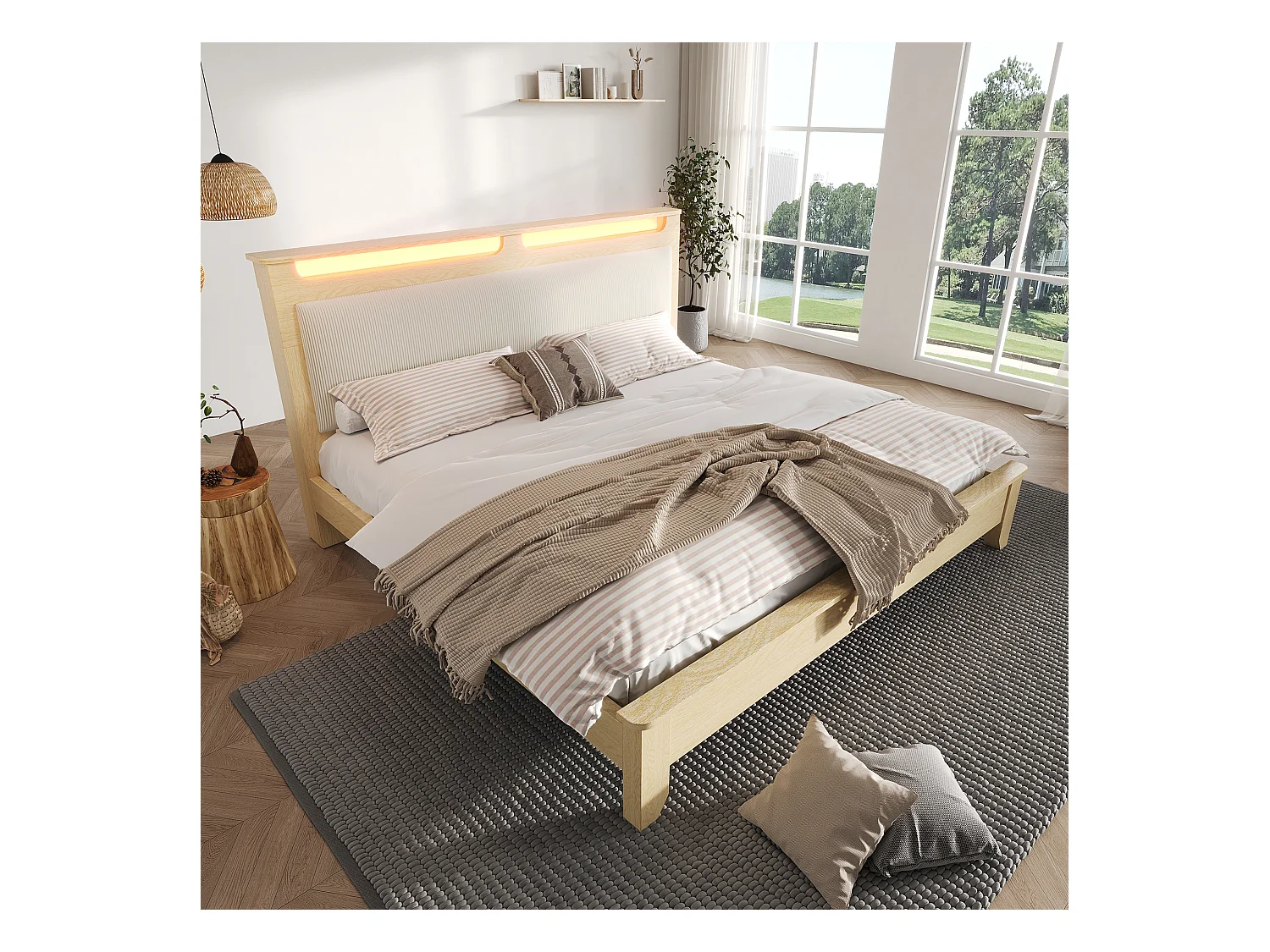 Doppelbett aus Holz 140 × 200 cm, mit Stauraum, LED-Beleuchtung und Rückenlehne aus beigem Cord, Farbe Eiche hell.