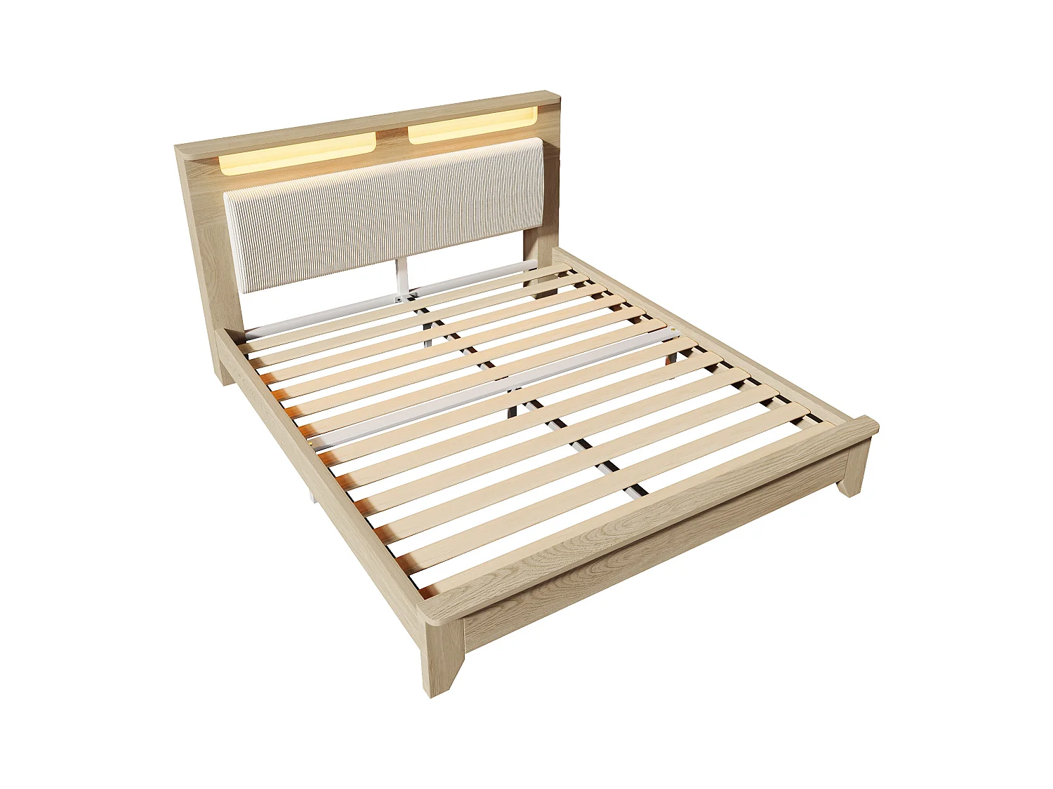 Doppelbett aus Holz 140 × 200 cm, mit Stauraum, LED-Beleuchtung und Rückenlehne aus beigem Cord, Farbe Eiche hell.