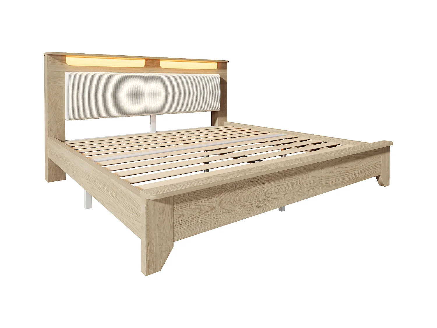 Doppelbett aus Holz 140 × 200 cm, mit Stauraum, LED-Beleuchtung und Rückenlehne aus beigem Cord, Farbe Eiche hell.