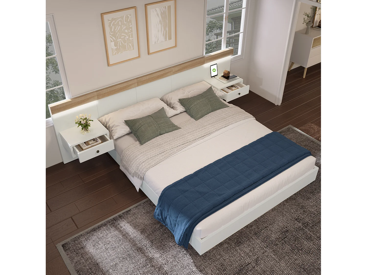 Ensemble complet pour lit double 140 x 200 cm, avec 2 tables de chevet LED et ports USB-C + tabouret de lit 145 x 38 cm,beige