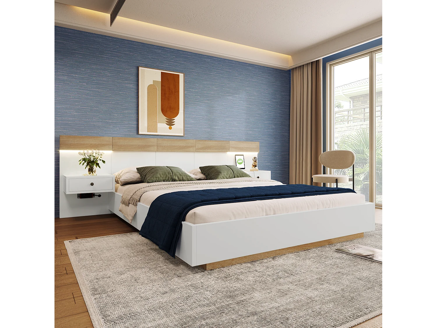 Ensemble complet pour lit double 140 x 200 cm, avec 2 tables de chevet LED et ports USB-C + tabouret de lit 145 x 38 cm,beige