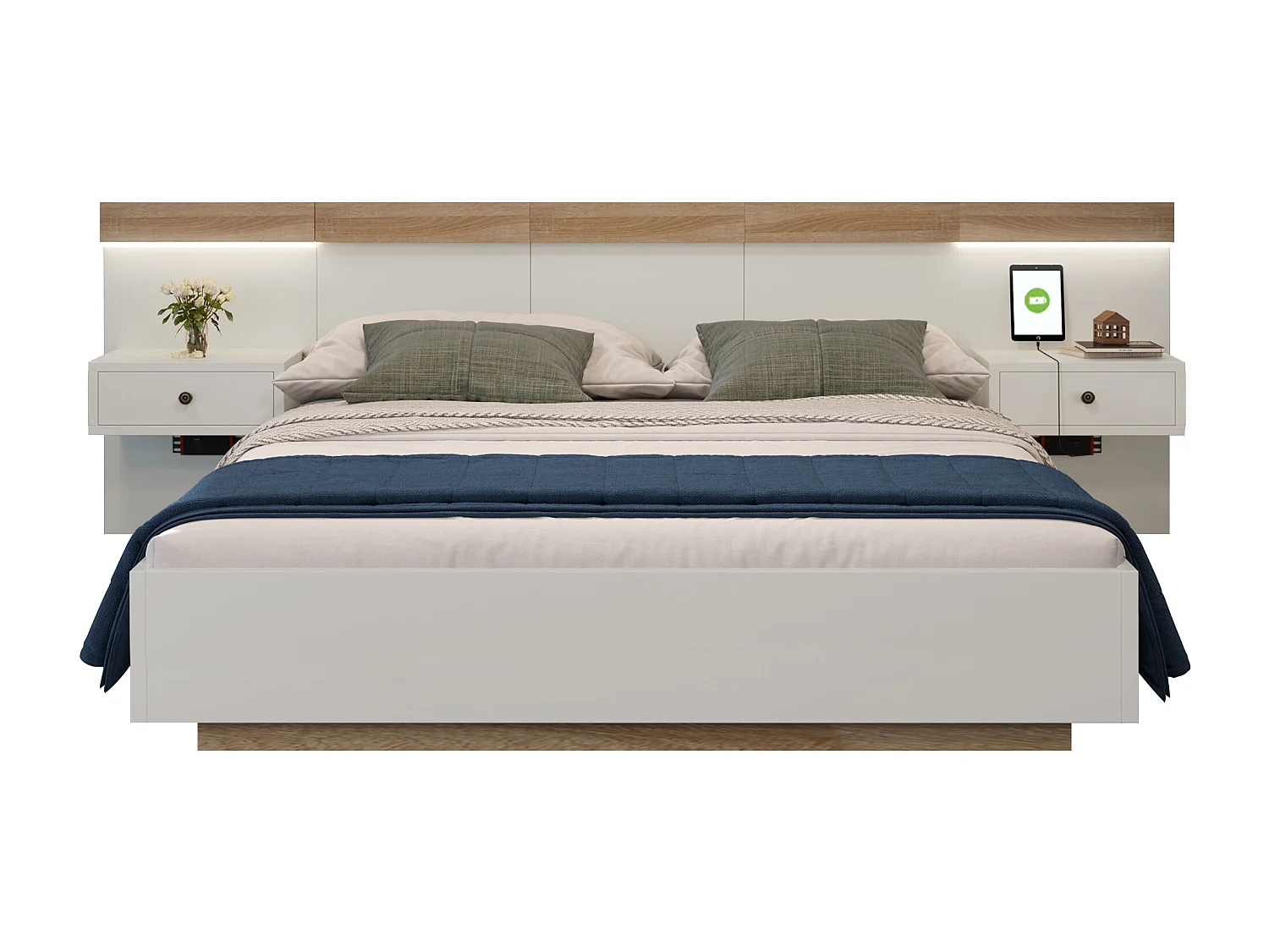 Ensemble complet pour lit double 140 x 200 cm, avec 2 tables de chevet LED et ports USB-C + tabouret de lit 145 x 38 cm,beige