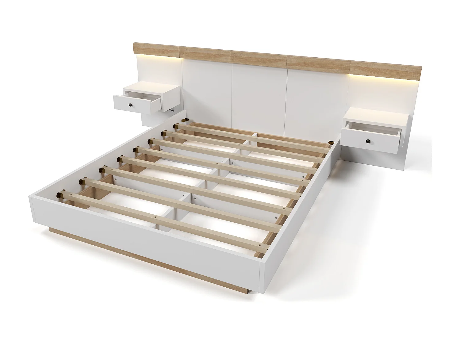 Ensemble complet pour lit double 140 x 200 cm, avec 2 tables de chevet LED et ports USB-C + tabouret de lit 145 x 38 cm,beige