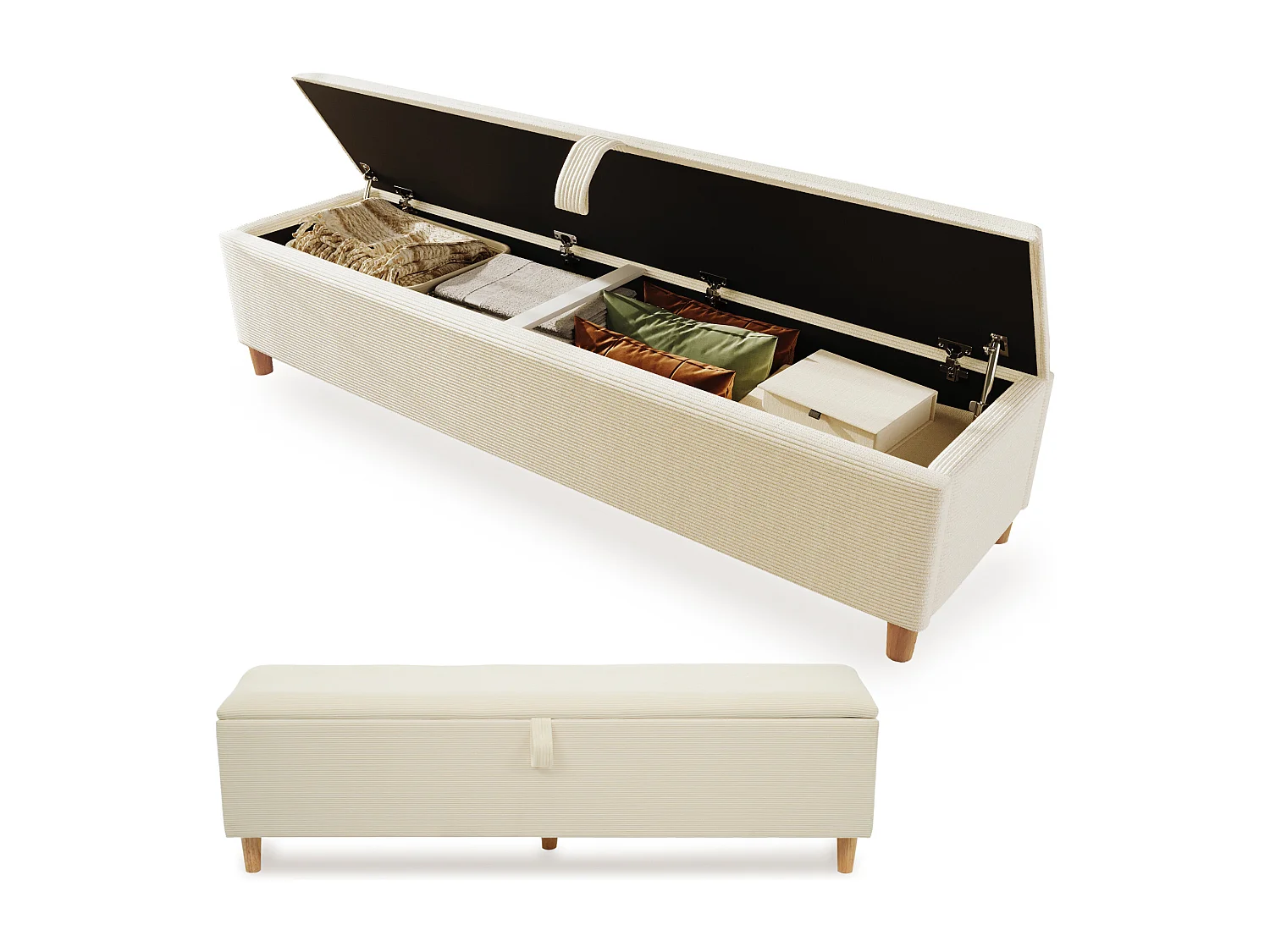 Ensemble complet pour lit double 140 x 200 cm, avec 2 tables de chevet LED et ports USB-C + tabouret de lit 145 x 38 cm,beige