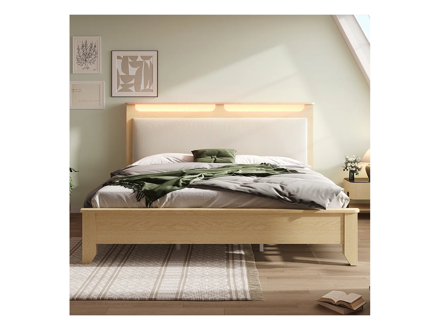 Doppelbett aus Holz 180 × 200 cm, mit Stauraum, LED-Beleuchtung und Rückenlehne aus beigem Cord, Farbe Eiche hell.