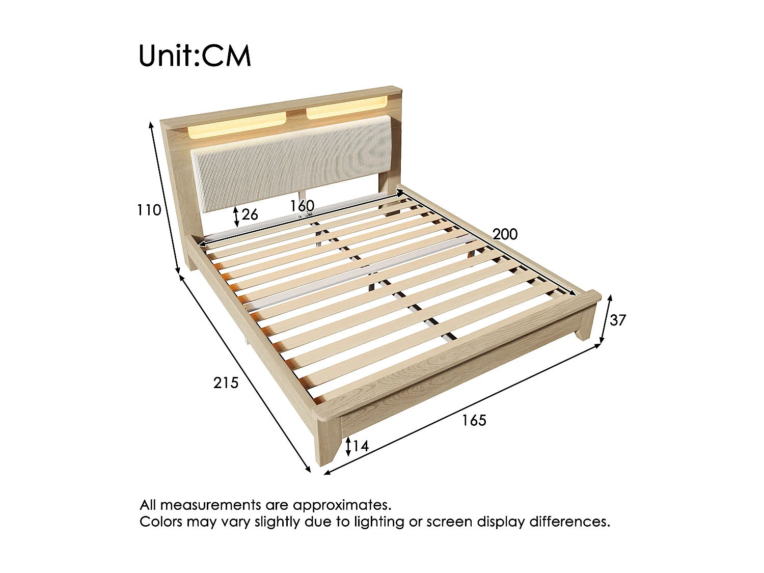 Letto matrimoniale in legno 160 × 200 cm, con contenitore, illuminazione a LED e schienale in velluto a coste beige, colore rovere chiaro.
