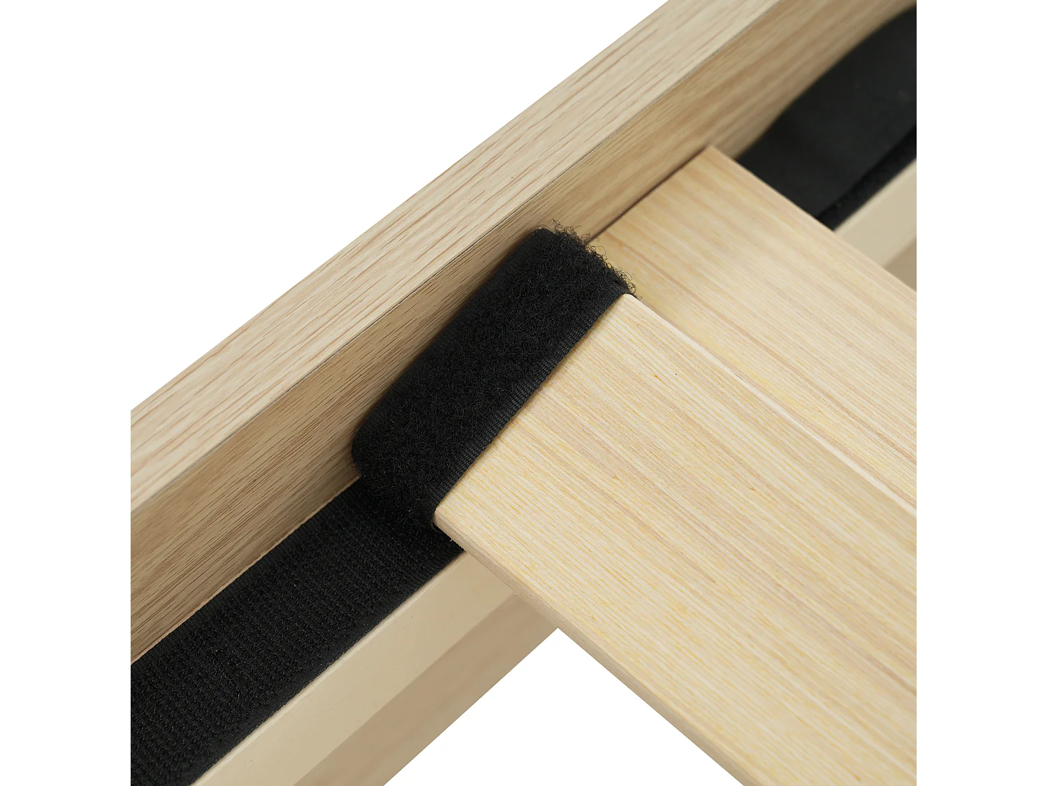 Letto matrimoniale in legno 160 × 200 cm, con contenitore, illuminazione a LED e schienale in velluto a coste beige, colore rovere chiaro.