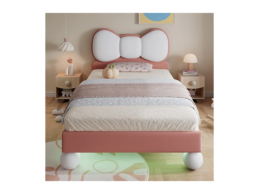 Einzelbett für Kinder 90 x 200 cm, Kopfteil in Form eines Schmetterlings, LED-Streifen unter dem Bett mit einstellbarer Farbe, Samt, beige + rosa