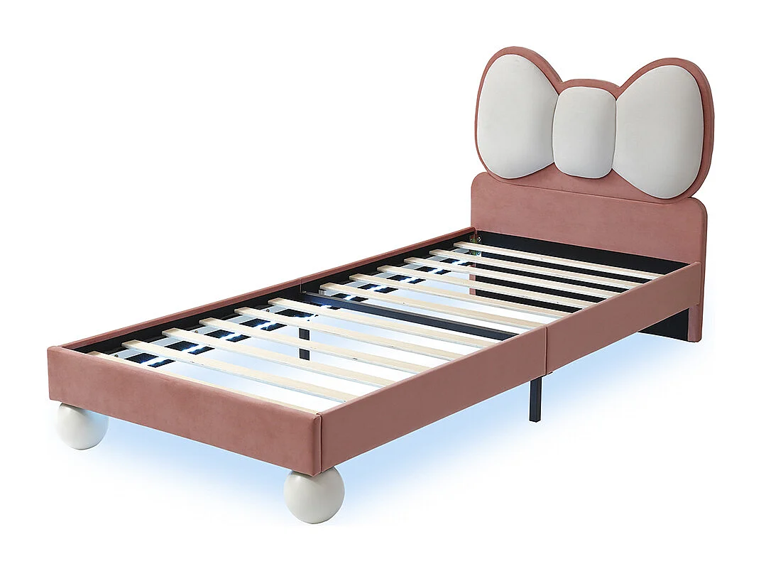 Eenpersoonsbed voor kinderen 90 x 200 cm, hoofdeinde in de vorm van een vlinder, ledstrip onder het bed met instelbare kleur, fluweel, beige + roze