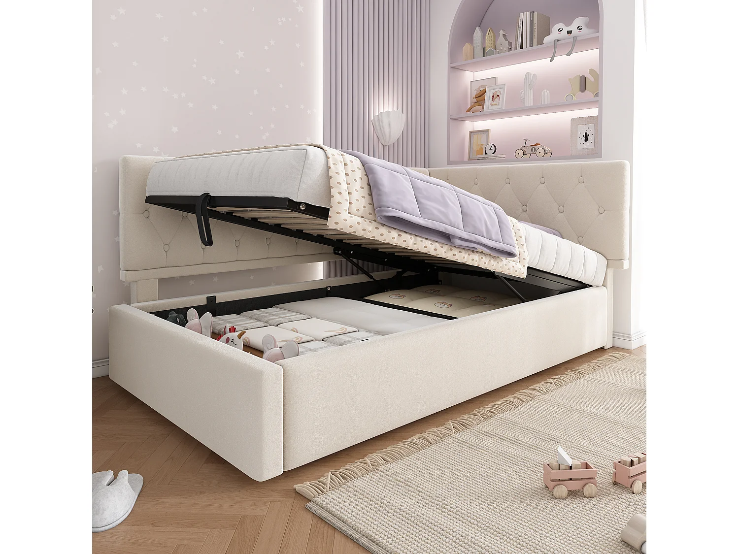 Canapé-lit 90 x 190 cm, avec espace de rangement hydraulique, en velours, couleur beige.