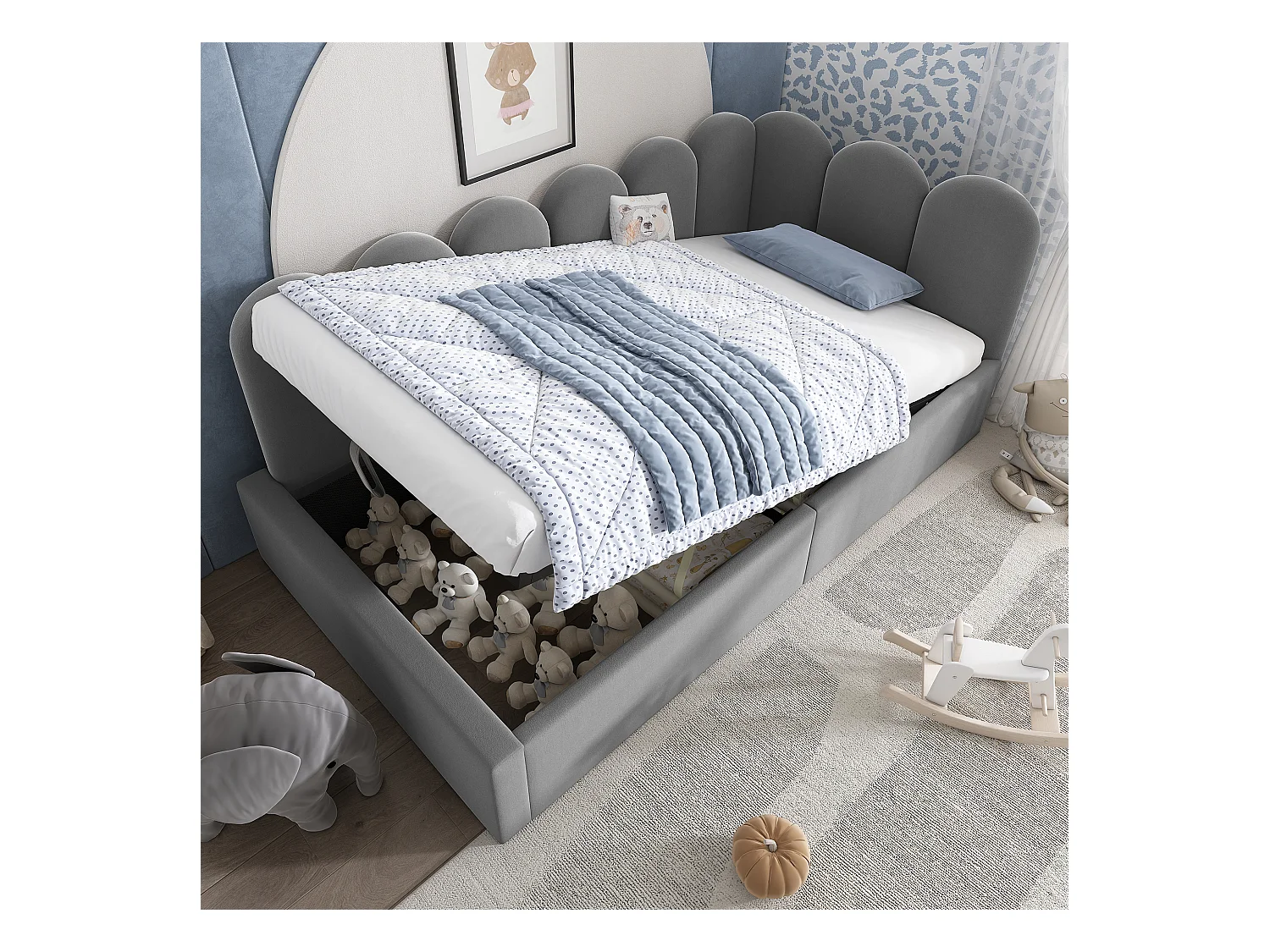 Canapé-lit 90 x 190 cm, avec espace de rangement hydraulique, métal, velours, gris